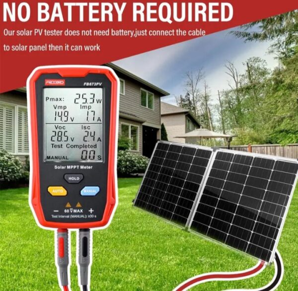 ⁦جهاز قياس الألواح الشمسية الكهروضوئية المتعدد 800 وات – جهاز قياس MPPT للطاقة الشمسية مع شاشة LCD كبيرة فائقة الوضوح أداة مساعدة لاستكشاف أخطاء جهد الدائرة المفتوحة MPPT الذكية وإصلاحها لاختبار الطاقة الشمسية الكهروضوئية / موديل FB673PV⁩ - الصورة ⁦10⁩
