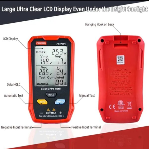 ⁦جهاز قياس الألواح الشمسية الكهروضوئية المتعدد 800 وات – جهاز قياس MPPT للطاقة الشمسية مع شاشة LCD كبيرة فائقة الوضوح أداة مساعدة لاستكشاف أخطاء جهد الدائرة المفتوحة MPPT الذكية وإصلاحها لاختبار الطاقة الشمسية الكهروضوئية / موديل FB673PV⁩ - الصورة ⁦4⁩