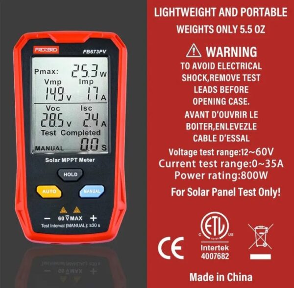 ⁦جهاز قياس الألواح الشمسية الكهروضوئية المتعدد 800 وات – جهاز قياس MPPT للطاقة الشمسية مع شاشة LCD كبيرة فائقة الوضوح أداة مساعدة لاستكشاف أخطاء جهد الدائرة المفتوحة MPPT الذكية وإصلاحها لاختبار الطاقة الشمسية الكهروضوئية / موديل FB673PV⁩ - الصورة ⁦9⁩