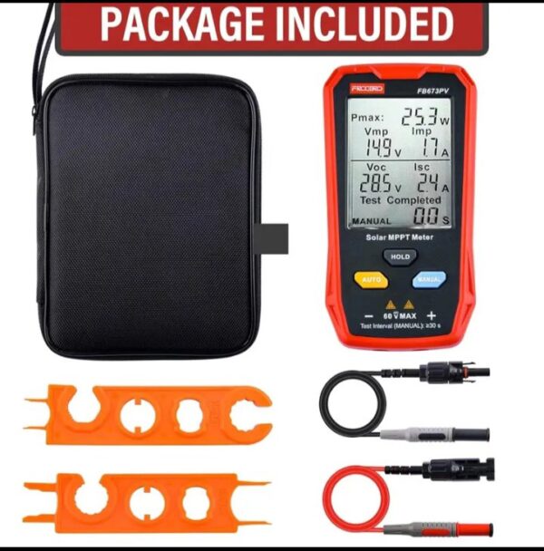 ⁦جهاز قياس الألواح الشمسية الكهروضوئية المتعدد 800 وات – جهاز قياس MPPT للطاقة الشمسية مع شاشة LCD كبيرة فائقة الوضوح أداة مساعدة لاستكشاف أخطاء جهد الدائرة المفتوحة MPPT الذكية وإصلاحها لاختبار الطاقة الشمسية الكهروضوئية / موديل FB673PV⁩ - الصورة ⁦5⁩