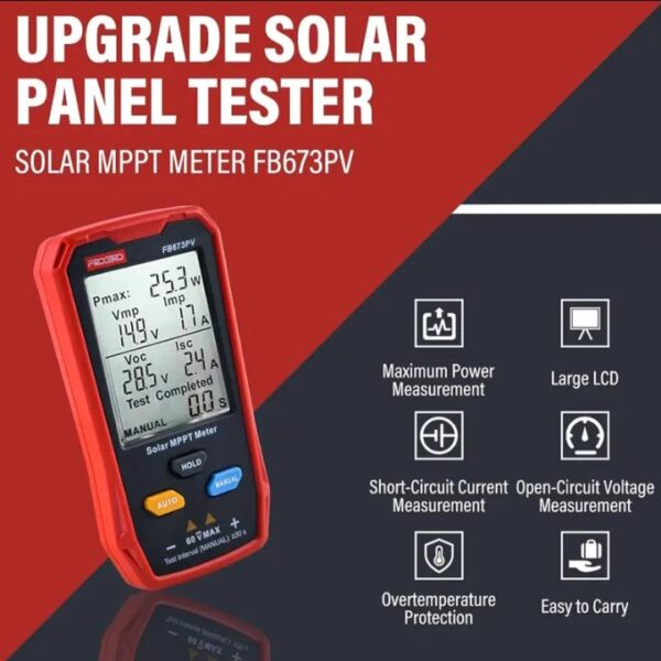⁦جهاز قياس الألواح الشمسية الكهروضوئية المتعدد 800 وات – جهاز قياس MPPT للطاقة الشمسية مع شاشة LCD كبيرة فائقة الوضوح أداة مساعدة لاستكشاف أخطاء جهد الدائرة المفتوحة MPPT الذكية وإصلاحها لاختبار الطاقة الشمسية الكهروضوئية / موديل FB673PV⁩ - الصورة ⁦2⁩