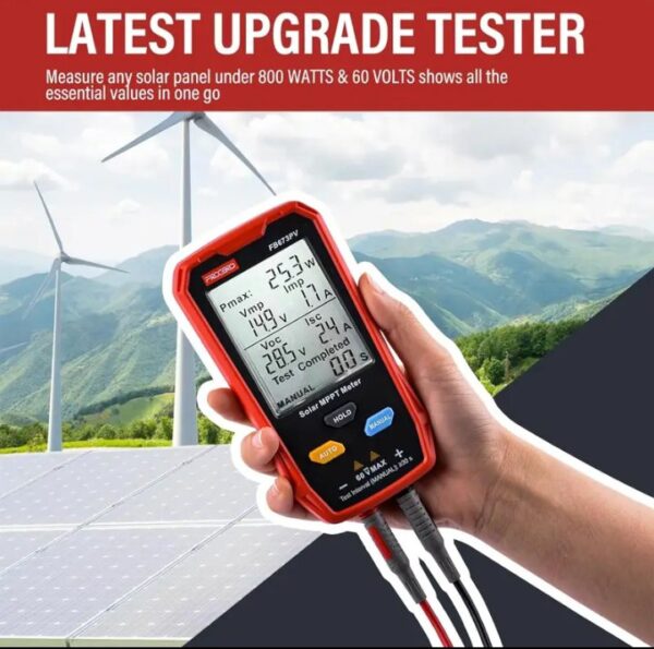 ⁦جهاز قياس الألواح الشمسية الكهروضوئية المتعدد 800 وات – جهاز قياس MPPT للطاقة الشمسية مع شاشة LCD كبيرة فائقة الوضوح أداة مساعدة لاستكشاف أخطاء جهد الدائرة المفتوحة MPPT الذكية وإصلاحها لاختبار الطاقة الشمسية الكهروضوئية / موديل FB673PV⁩ - الصورة ⁦7⁩