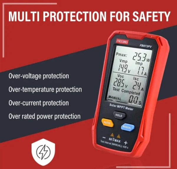 ⁦جهاز قياس الألواح الشمسية الكهروضوئية المتعدد 800 وات – جهاز قياس MPPT للطاقة الشمسية مع شاشة LCD كبيرة فائقة الوضوح أداة مساعدة لاستكشاف أخطاء جهد الدائرة المفتوحة MPPT الذكية وإصلاحها لاختبار الطاقة الشمسية الكهروضوئية / موديل FB673PV⁩ - الصورة ⁦3⁩