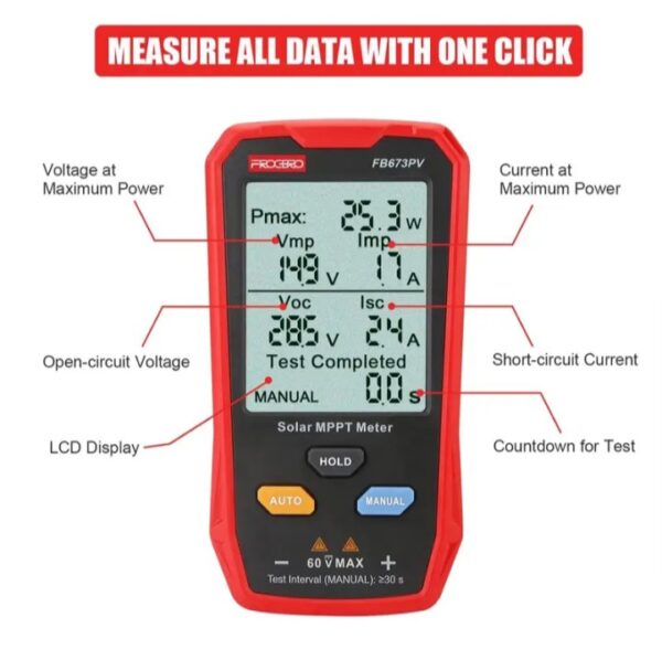 ⁦جهاز قياس الألواح الشمسية الكهروضوئية المتعدد 800 وات – جهاز قياس MPPT للطاقة الشمسية مع شاشة LCD كبيرة فائقة الوضوح أداة مساعدة لاستكشاف أخطاء جهد الدائرة المفتوحة MPPT الذكية وإصلاحها لاختبار الطاقة الشمسية الكهروضوئية / موديل FB673PV⁩ - الصورة ⁦8⁩