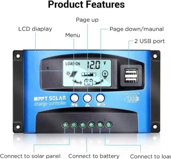 ⁦وحدة تحكم شحن الطاقة الشمسية (12 فولت/24 فولت) 30 أمبير، منظم جهد USB مزدوج⁩ - الصورة ⁦3⁩
