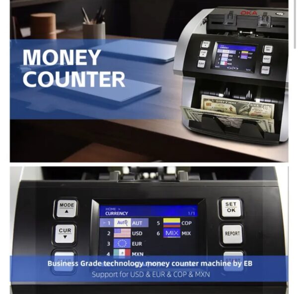 ⁦ماكينة عدّ وفرز العملات OKA
لعدّ وفرز العملات المختلفة وكشف التزوير
(الدولار – اليورو – اليوان الصيني – الليرة التركية)
موديل OKA-MIX101⁩ - الصورة ⁦4⁩