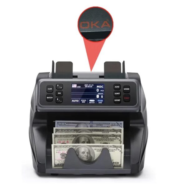 ⁦ماكينة عدّ وفرز العملات OKA
لعدّ وفرز العملات المختلفة وكشف التزوير
(الدولار – اليورو – اليوان الصيني – الليرة التركية)
موديل OKA-MIX102⁩ - الصورة ⁦5⁩