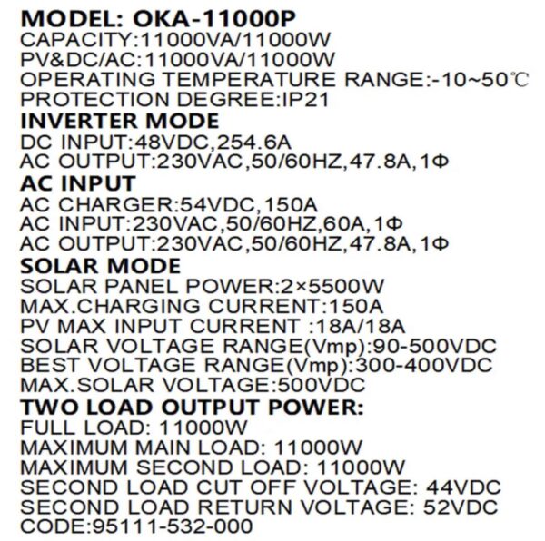 ⁦انفرتر OKA لتشغيل الأجهزة المنزلية وقت انقطاع الكهرباء أو مع أنظمة الطاقة الشمسية
قدرة 11000 فولت أمبير – 11000 وات
موديل Oka 11000P⁩ - الصورة ⁦2⁩