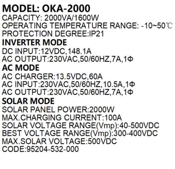 ⁦انفرتر OKA لتشغيل الأجهزة المنزلية وقت انقطاع الكهرباء أو مع أنظمة الطاقة الشمسية
قدرة 2000 فولت أمبير – 1600 وات
موديل Oka 2000⁩ - الصورة ⁦6⁩