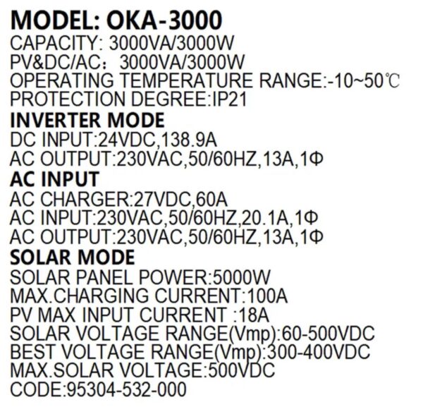 ⁦انفرتر OKA لتشغيل الأجهزة المنزلية وقت انقطاع الكهرباء أو مع أنظمة الطاقة الشمسية
قدرة 3000 فولت أمبير – 3000 وات
موديل Oka 3000⁩ - الصورة ⁦3⁩