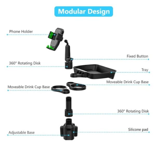 ⁦حامل أكواب للسيارة مزود بحامل للموبايل وصينية طعام دوارة قابلة للفصل بالاضافة الي 2 فتحة كوب صغيرة وفتحة اكواب كبيرة / موديل CUP-B06⁩ - الصورة ⁦5⁩