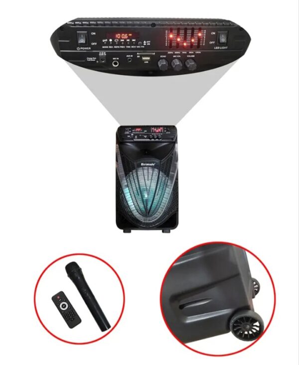 ⁦K2-12 سماعة المناسبات والحفلات والرحلات بالبلوتوث ومضخم صوت – راديو – منفذ للفلاشة aux – كارت ميموري – تسجيل – ميكرفون لاسلكي وريموت للتحكم – متنقله بعجلات للجر – اضاءة ليد – سماعة 12 بوصة قابلة للشحن⁩ - الصورة ⁦7⁩