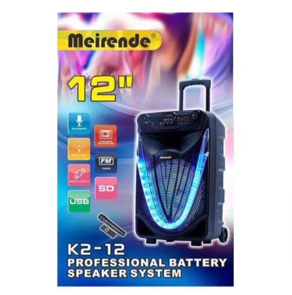 ⁦K2-12 سماعة المناسبات والحفلات والرحلات بالبلوتوث ومضخم صوت – راديو – منفذ للفلاشة aux – كارت ميموري – تسجيل – ميكرفون لاسلكي وريموت للتحكم – متنقله بعجلات للجر – اضاءة ليد – سماعة 12 بوصة قابلة للشحن⁩ - الصورة ⁦5⁩