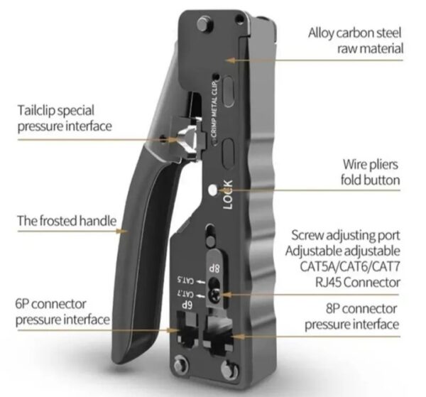 ⁦أداة تجعيد كابل مع قاطع أسلاك مدمج بها – RJ45 – CAT5 – CAT6 – CAT7 / موديلHT-7088 – لون اسود⁩ - الصورة ⁦2⁩